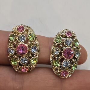 Vintage Pastel Tutti Frutti Crystal Rhinestone Large Bling Clip On Earrings